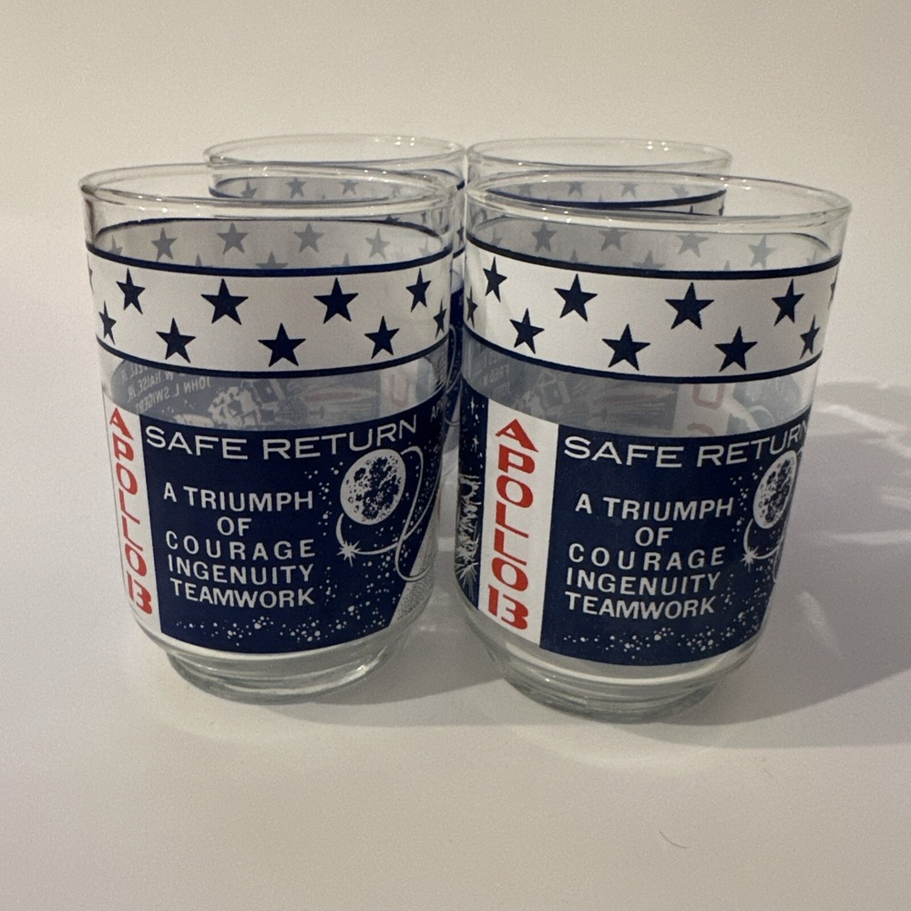 Vintage NASA Glass Apollo 13 Drinking Glasses Libbey Set Of 4 Jim Lovell 1970